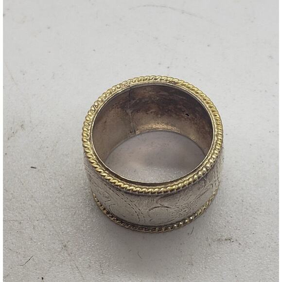 Vintage Sterling Silver Ring Cigar Band Wide Floral Engraved Gold Rope Edge sz 7 - Picture 10 of 11